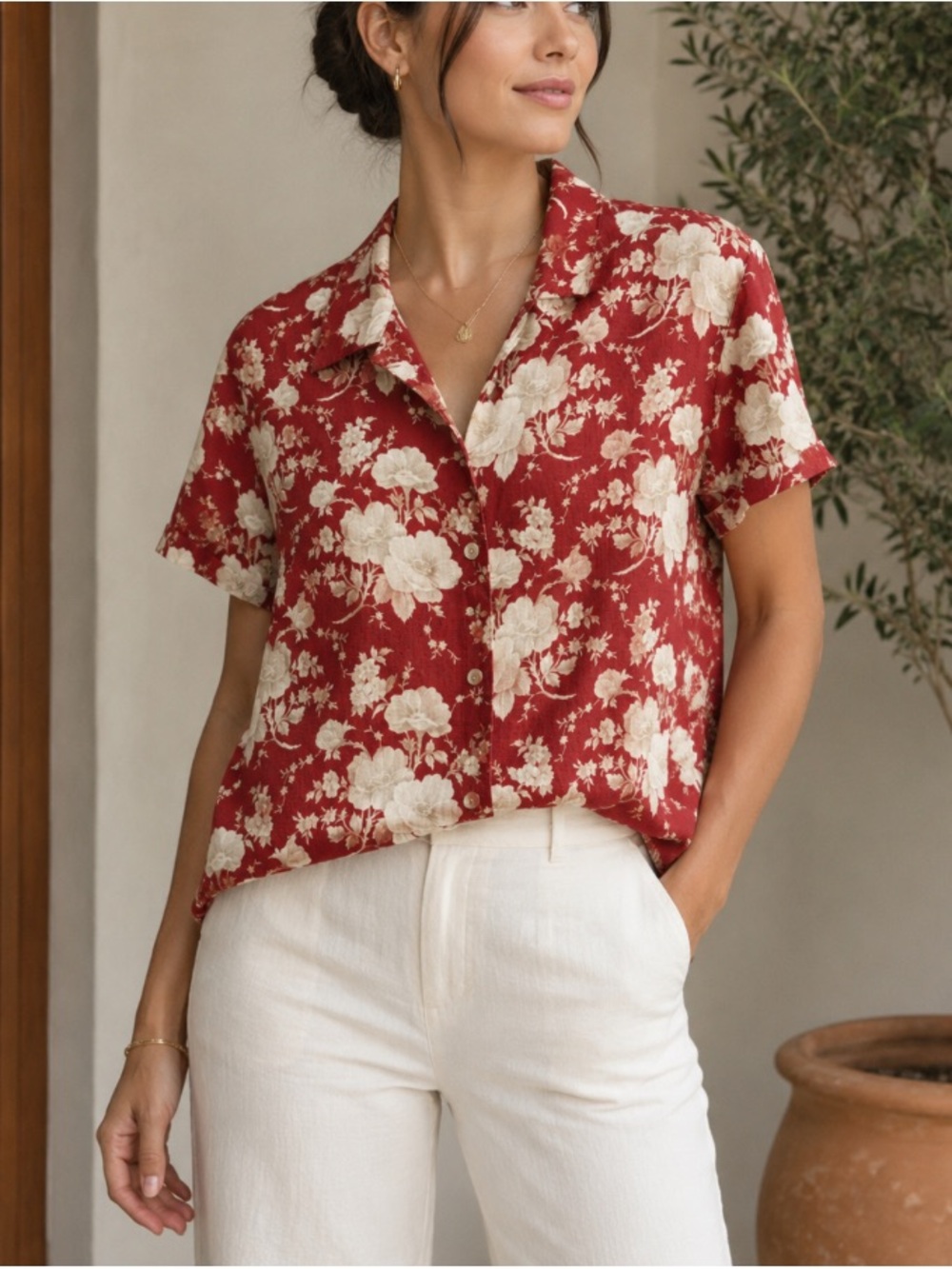 Liz Claiborne Linen Red Floral Blooms Button-Up Shirt Top M